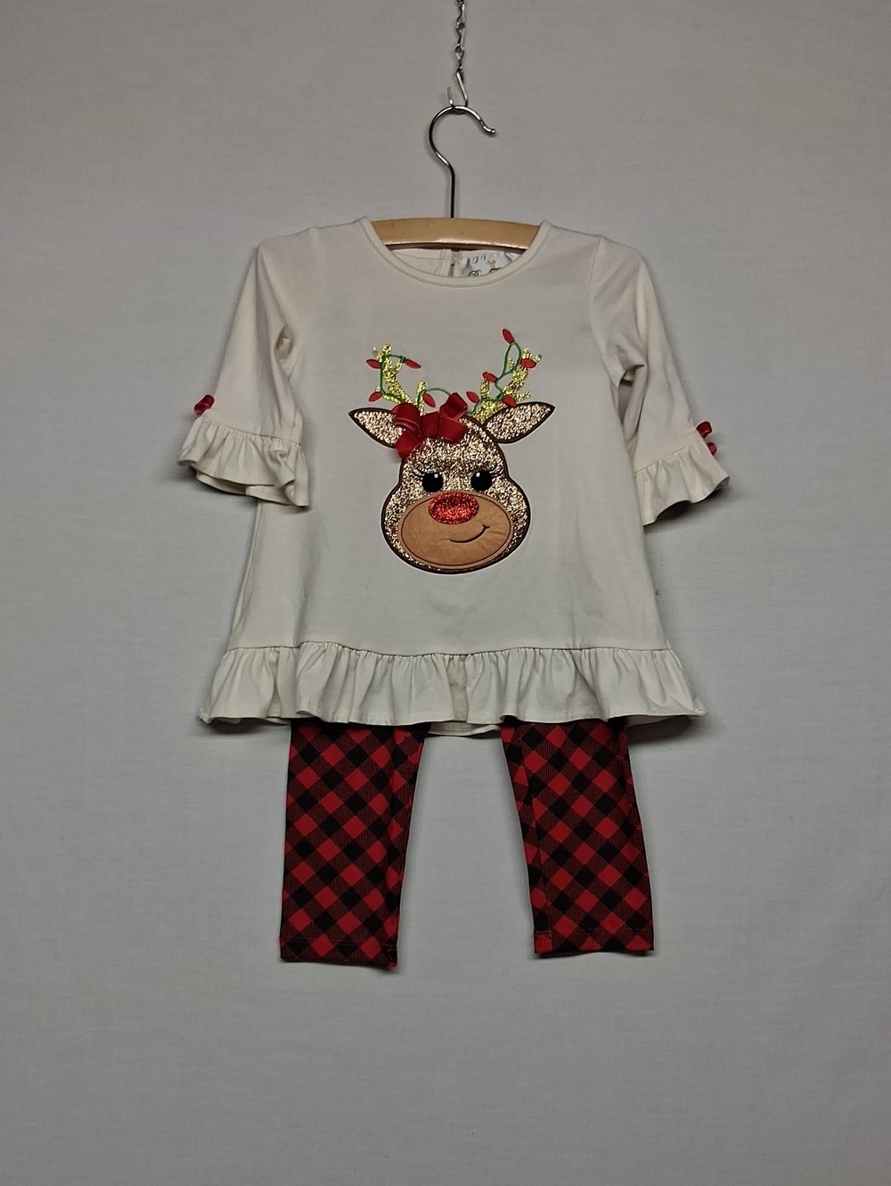 Rare Editions Cream Top with Red Buffalo Plaid Leggings Kids Matching Set 3T